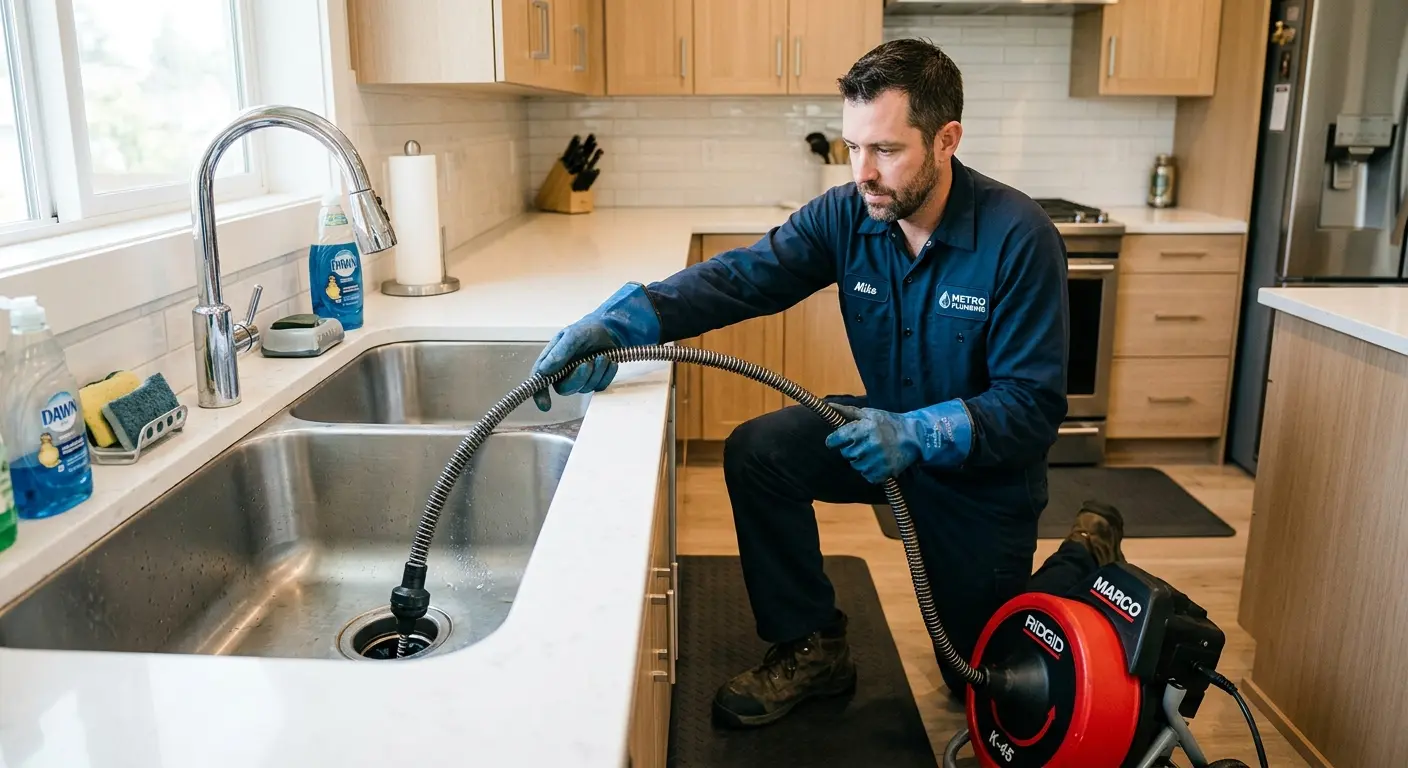 Drain cleaning technician using a motorized snake on a kitchen sink in Allegan
