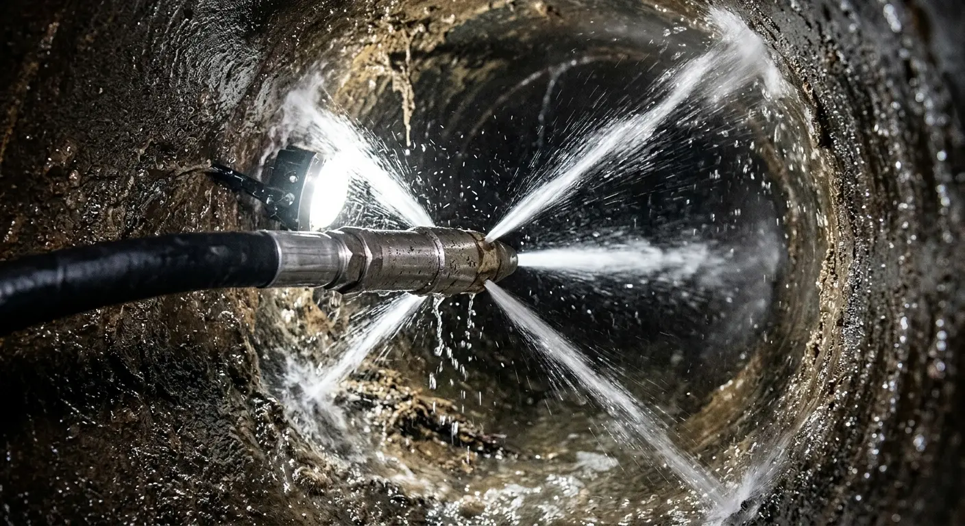 High-pressure hydro jetting nozzle cleaning sewer pipe for Sewer Cleanout in Allegan