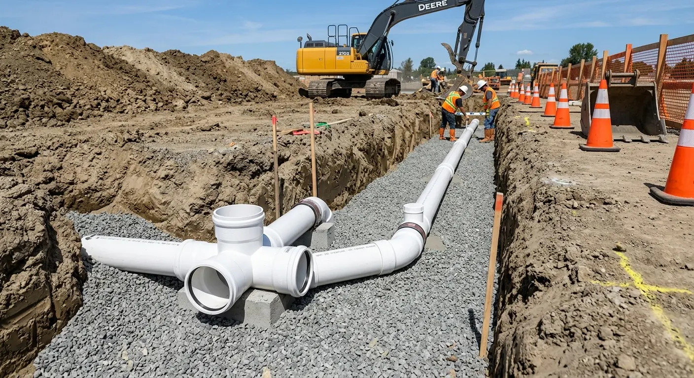 New PVC sewer pipe installation in open trench for Sewer Backup in Allegan
