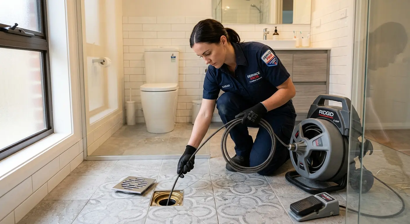 Technician clearing a bathroom floor drain for Drain Cleaning in Allegan